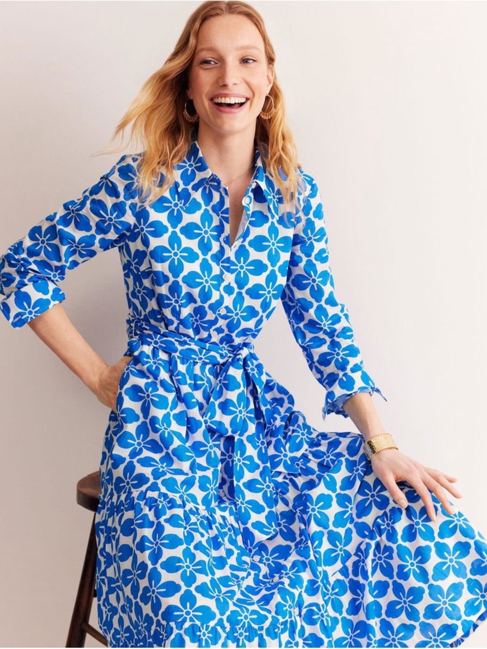 Boden Flo Cotton Midi Shirt Dress-Indigo Bunting, Floral Tile- NWT Sz 14R - Picture 4 of 8